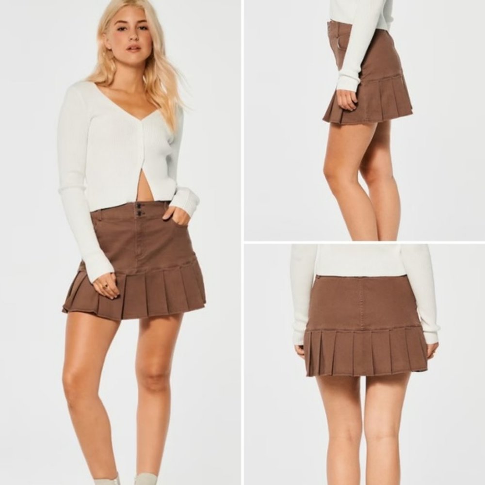 NWT Hollister Dark Brown Ultra High-Rise Pleated Mini Skirt Button Zip Fly MD